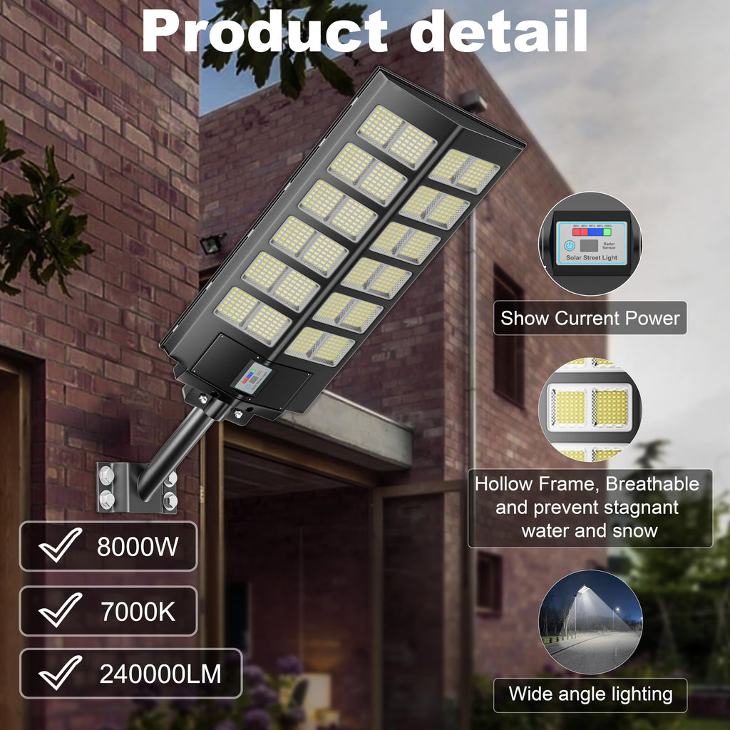 Solar Street Lights Outdoor Waterproof Dusk to Dawn, Large 9000W Outdoor Floodlight LED Motion Sensor, 7000K Wide Angle Parking Lot Flood Lamp Remote