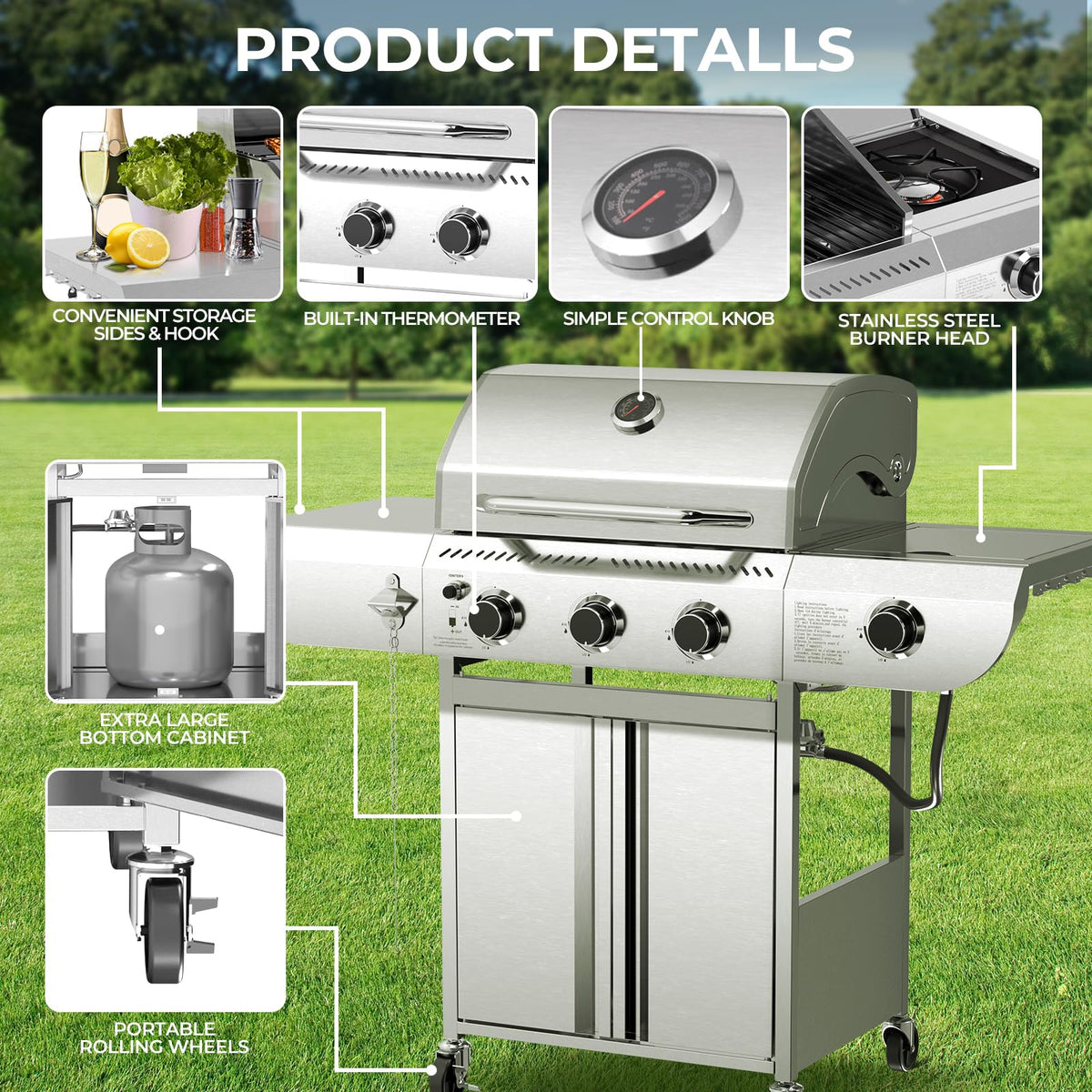 3-Burner Propane Gas Grill with Side Burner C 34,000 BTU Stainless Steel Outdoor BBQ Grill, Cast Iron Grates, Portable with Wheels for Patio, Camping