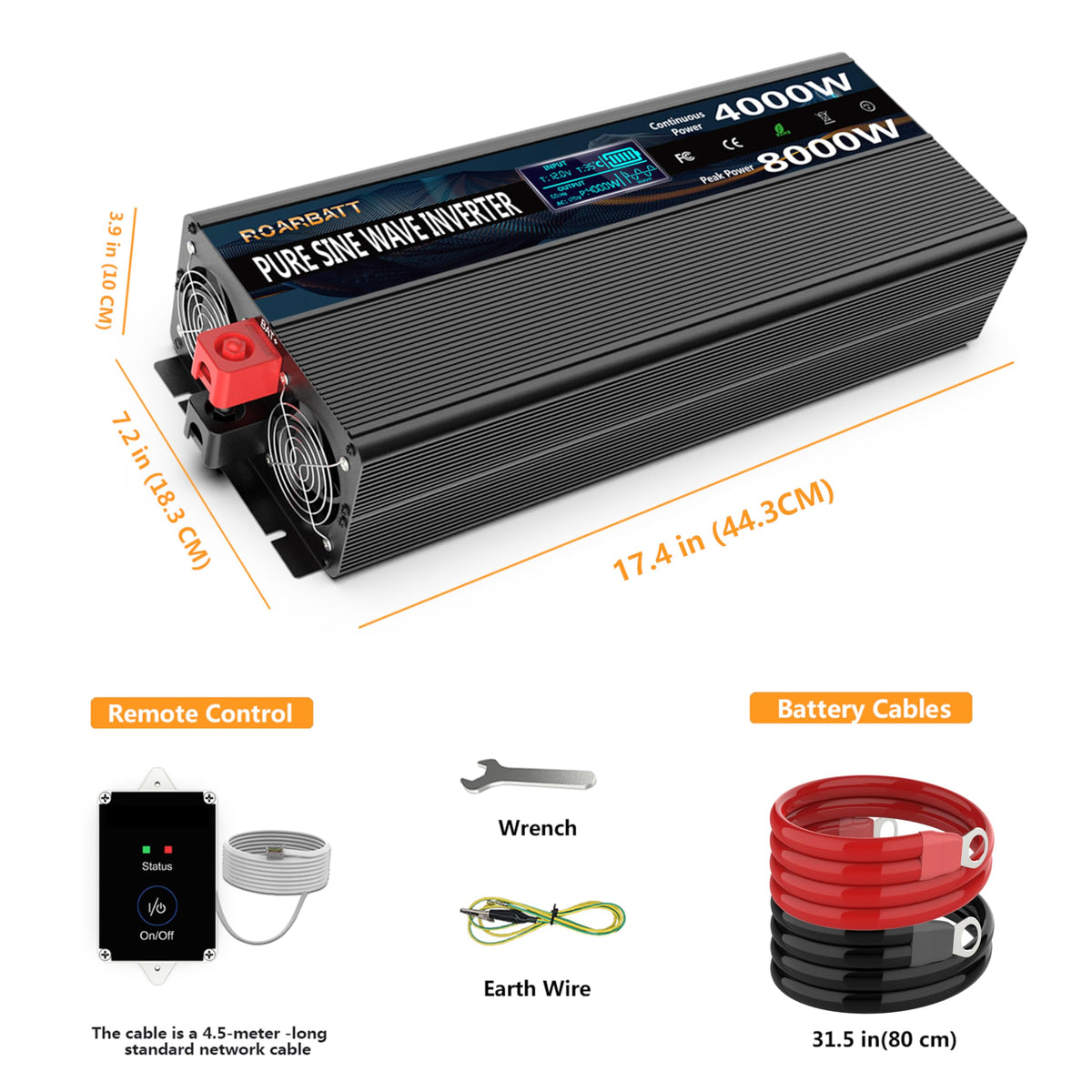 Pure Sine Wave Power Inverter, 3000W 12V DC to 110V/120V AC, Peak 6000W - Remote Control, 4 AC Outlets, Dual USB, LED Display, Terminal Blocks for