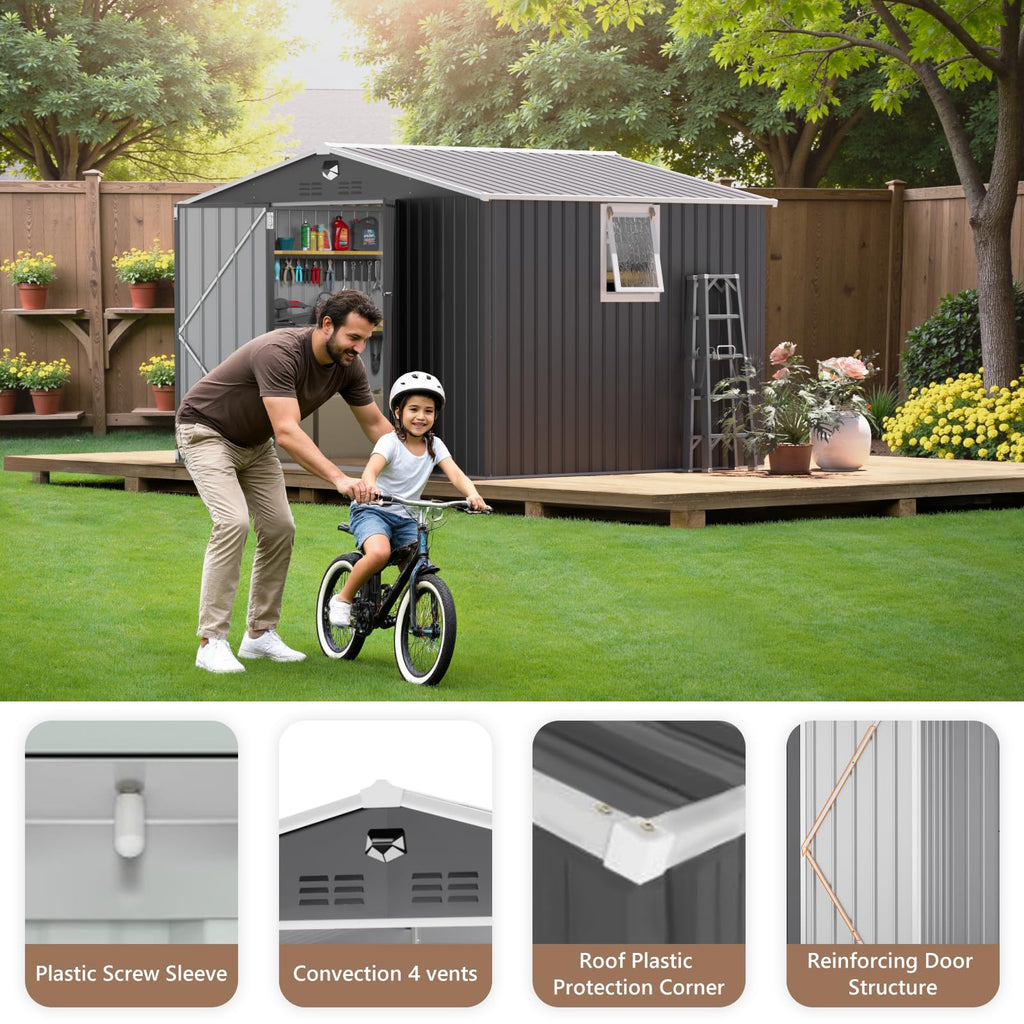 10x12 FT Outdoor Storage Shed, Metal Garden Shed - Tool Storage Sheds with Lockable Doors & 1 Clear Window, Waterproof Outside Storage Building for