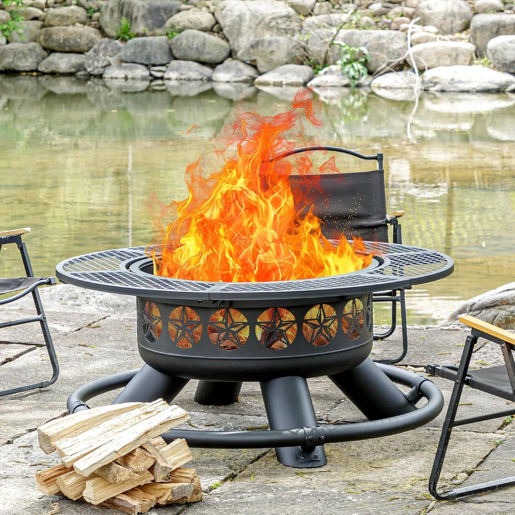 47 Inch Outdoor Fire Pit with 2 Grills, Extra Large BBQ Firepits for Outside, Metal Round Fire pits with Lid&Fire Poker,3 in 1 Wood Burning Outdoor
