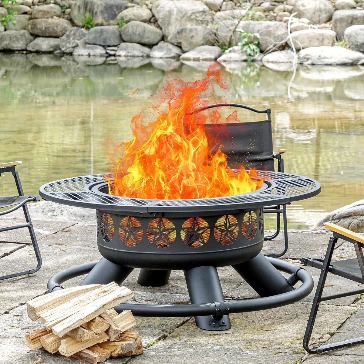 47 Inch Outdoor Fire Pit with 2 Grills, Extra Large BBQ Firepits for Outside, Metal Round Fire pits with Lid&Fire Poker,3 in 1 Wood Burning Outdoor