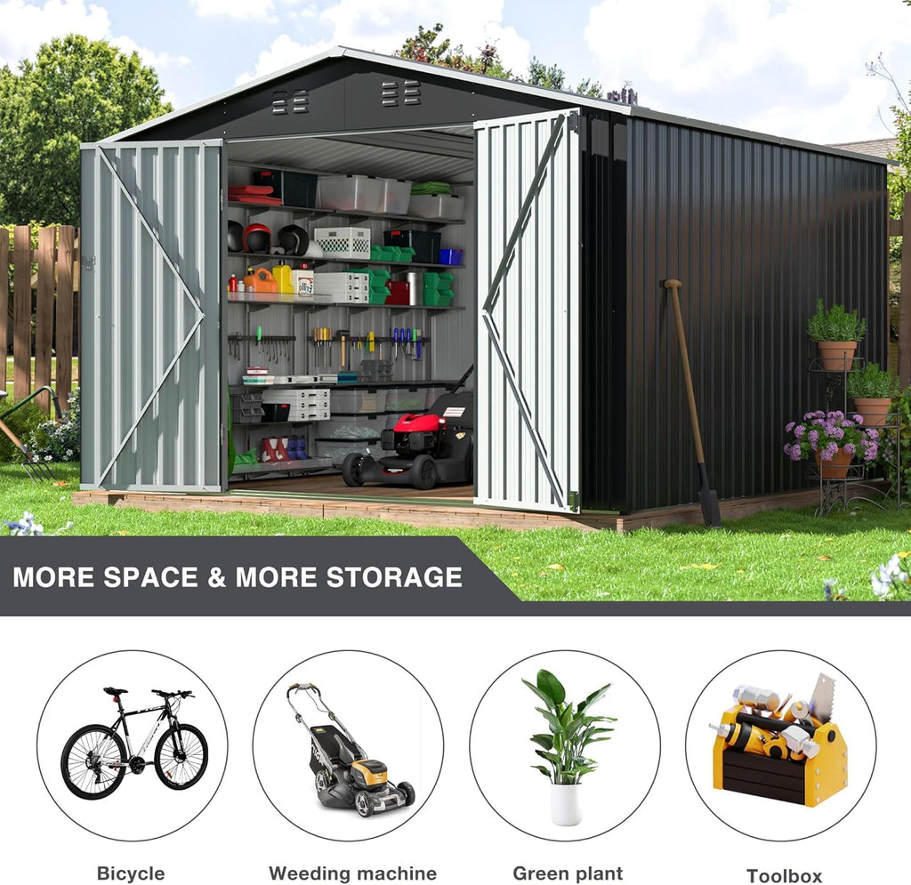 Polar Aurora 12x14 FT Outdoor Storage Shed, Garden Shed with Updated Frame Structure and Lockable Doors, Metal Tool Sheds for Backyard Garden Patio