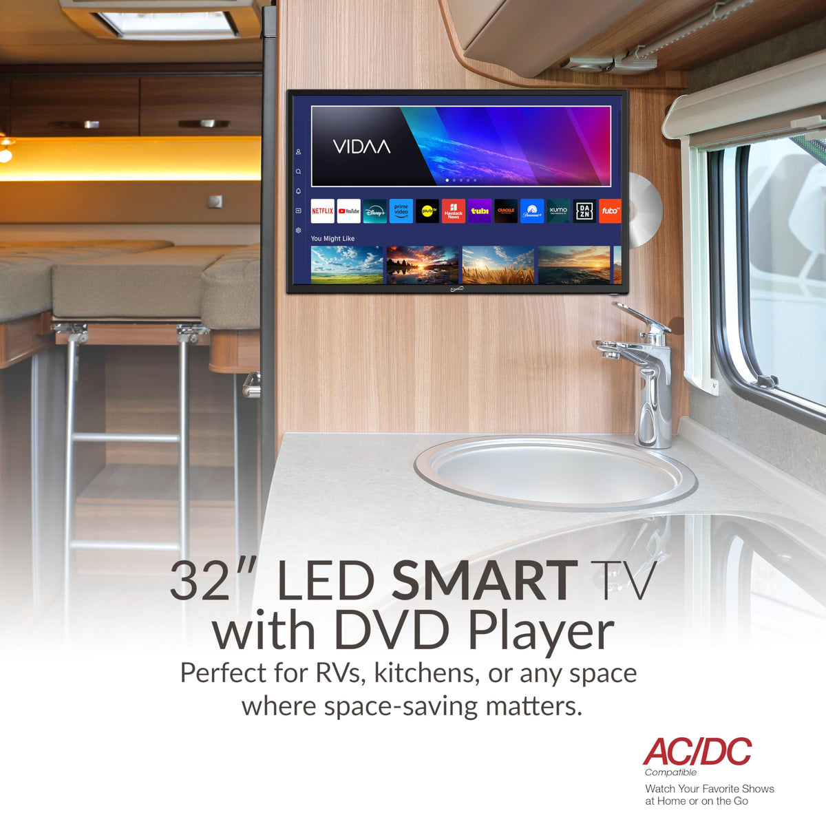 Supersonic SC-1926DVD 19-inch LED Smart HDTV w/DVD Player, 3X HDMI, 1080p, WiFi, USB, AC/DC Compatible for Home, Kitchen, or RV Camper, DC Car Cord