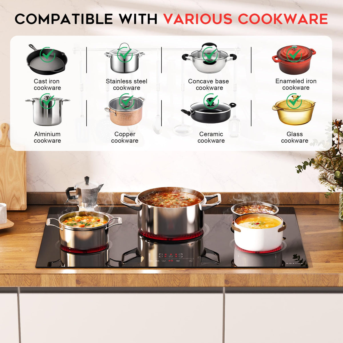Noxton 30 Inch Electric Cooktop, 8400W 5 Burners Built-in Radiant Electric Stove Top, Slider Control, 9 Power Levels, Child Safety Lock, Timer, 220