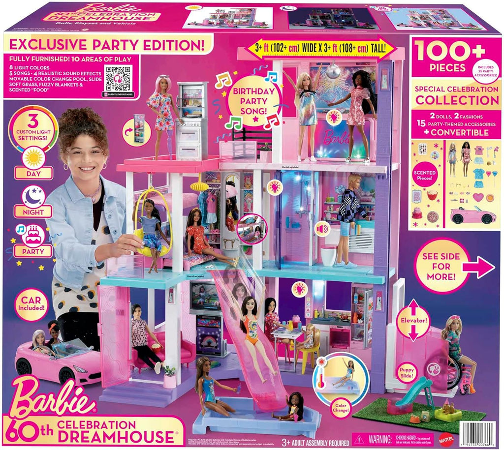 Barbie 60th Celebration DreamHouse Doll House Playset (3.75-feet) with 2 Exclusive Dolls, Car, Pool, Slide, Elevator, Lights & Sounds, 100+