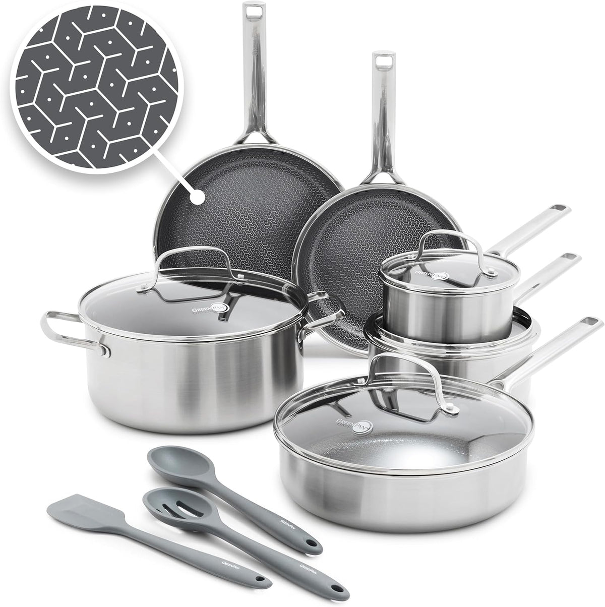 GreenPan Hybrid 13 Piece Nonstick Stainless Steel Cookware Set, APEX Tri-Ply Thermobond PFAS-Free Ceramic Pots & Pans, Induction & All Cooktop