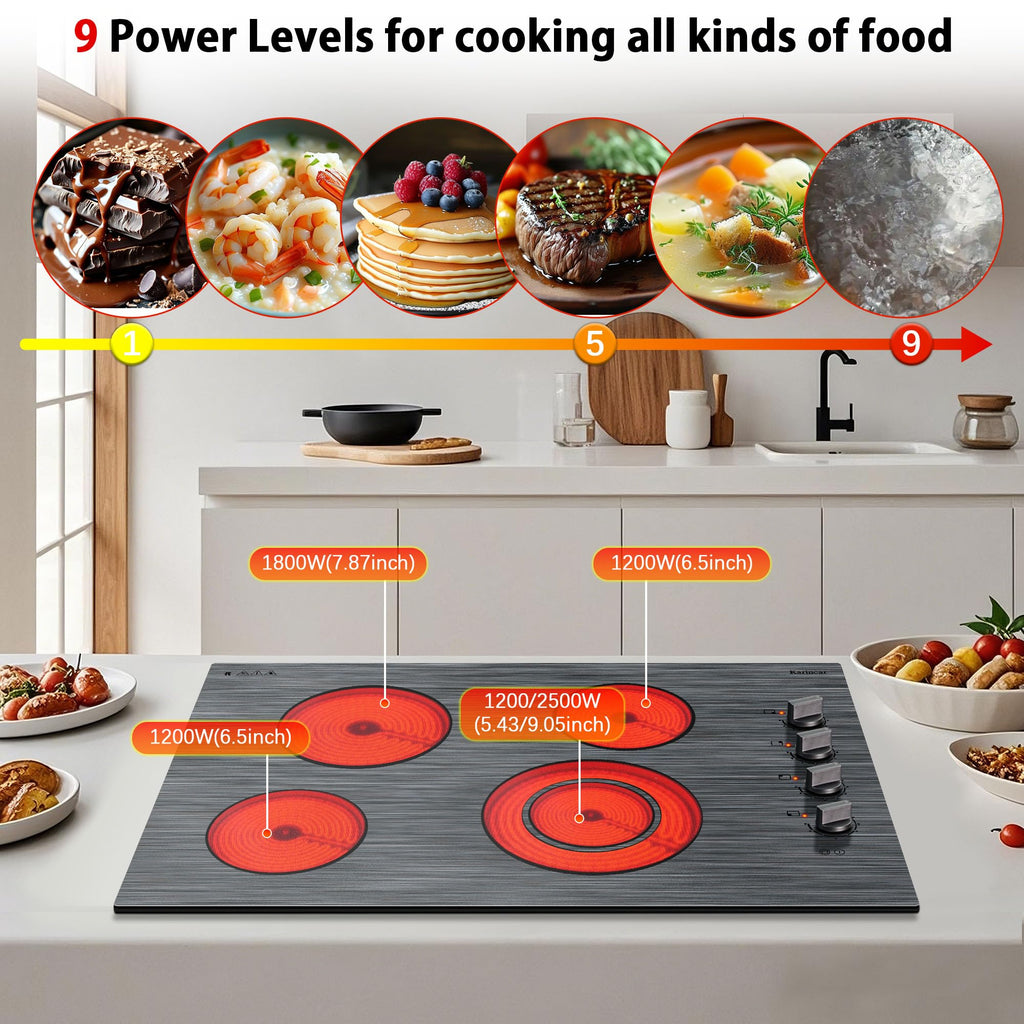 Karinear Electric Cooktop 24 Inch, 4 Burners Electric Stove Knob Control, Built-in Ceramic Cooktop with Beautiful Woodgrain Pattern Glass Surface