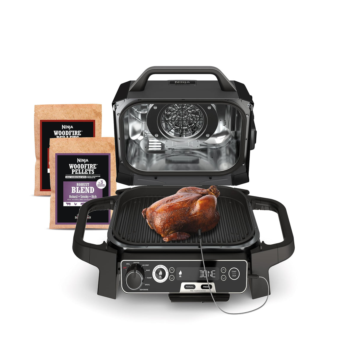 Ninja OG751 Woodfire Pro Outdoor Grill Built-In Thermometer,7-in-1 Master Grill,BBQ Smoker,& Outdoor Air Fryer Plus Bake,Roast,Dehydrate & Broil