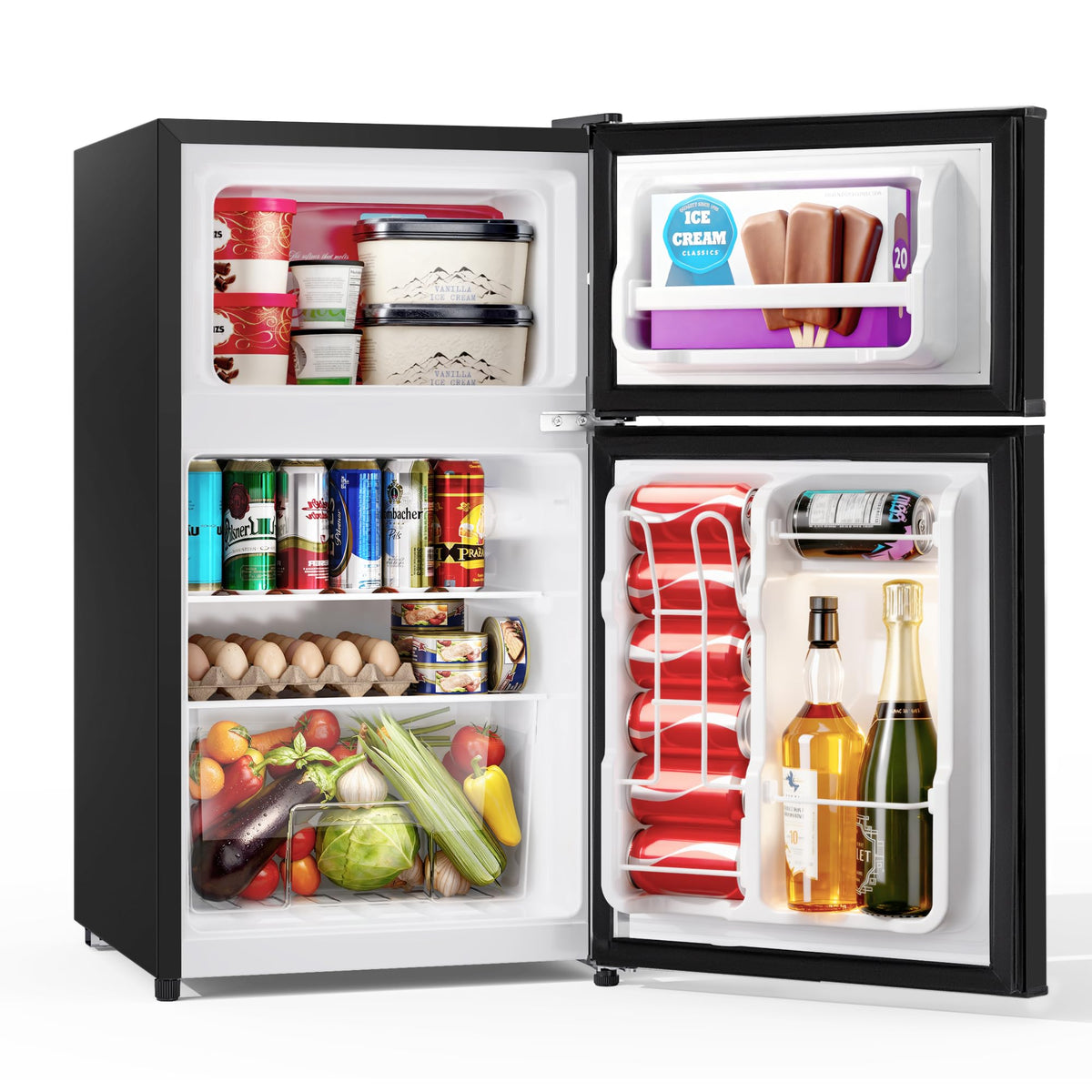 Double Door Refrigerator with Freezer, 3.5 Cu.Ft, Small Fridge with Freezer, 7 Settings Temperature Adjustable, Mini Refrigerator for Office Dorm