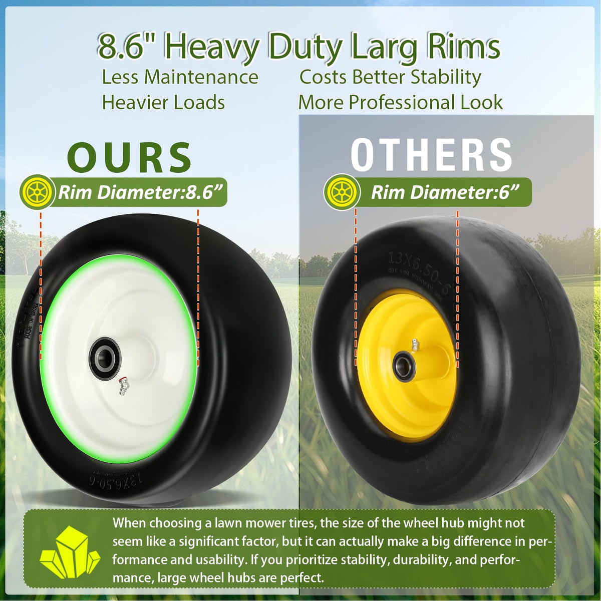 2 Pcs 13x6.50-6 Lawn Mower Tires Flat Free with 3/4" 1/2" 5/8" Bearings