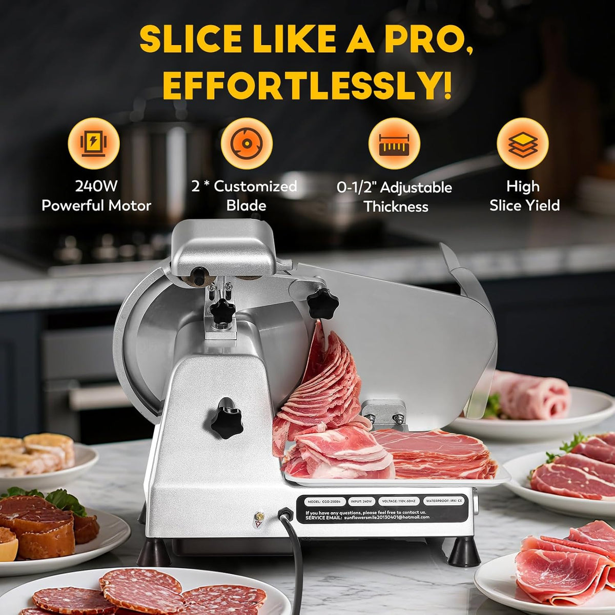 CGOLDENWALL Meat Slicer Machine, 10" 240W Electric Deli Meat Cheese Food Slicer, 0-1/2" Adjustable Thickness Semi-Auto Frozen Meat Slicer for Home &