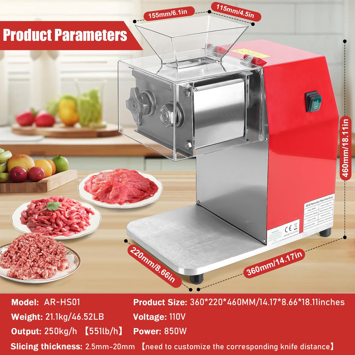 Meat Cutter Machine,850W Commercial Meat Slicer,Stainless Steel Electric Meat Slicer Machine for Home Kitchen,Restaurant,Supermarket (5MM)