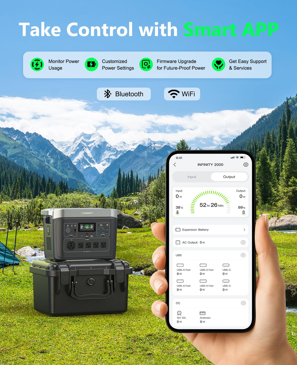 GROWATT Portable Power Station INFINITY 2000 Black Electric Solar Generator2048Wh LifePO4 Battery,2400W AC Output for Home Use, Outdoor Camping