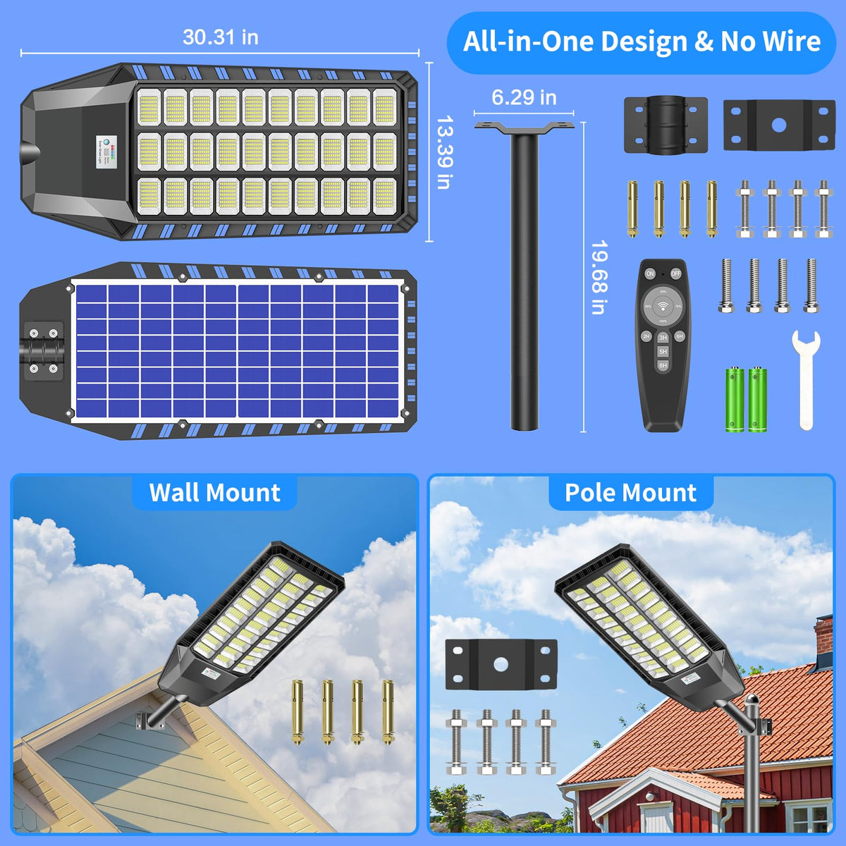 Deepn Solar Lights Outdoor 9000W, Commercial Grade Street Lights for Outside, Solar Parking Lot Lights, Dusk to Dawn LED Security Flood Light Motion