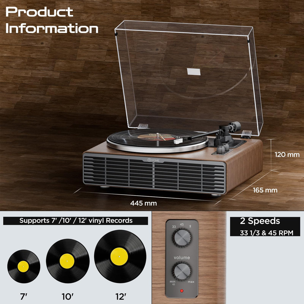 Vinyl Record Player, All-in-one Record Player with Built-in Speakers, Bluetooth Turntable for High Fidelity Sound, Aux-in Functionality, 2 Speed, for