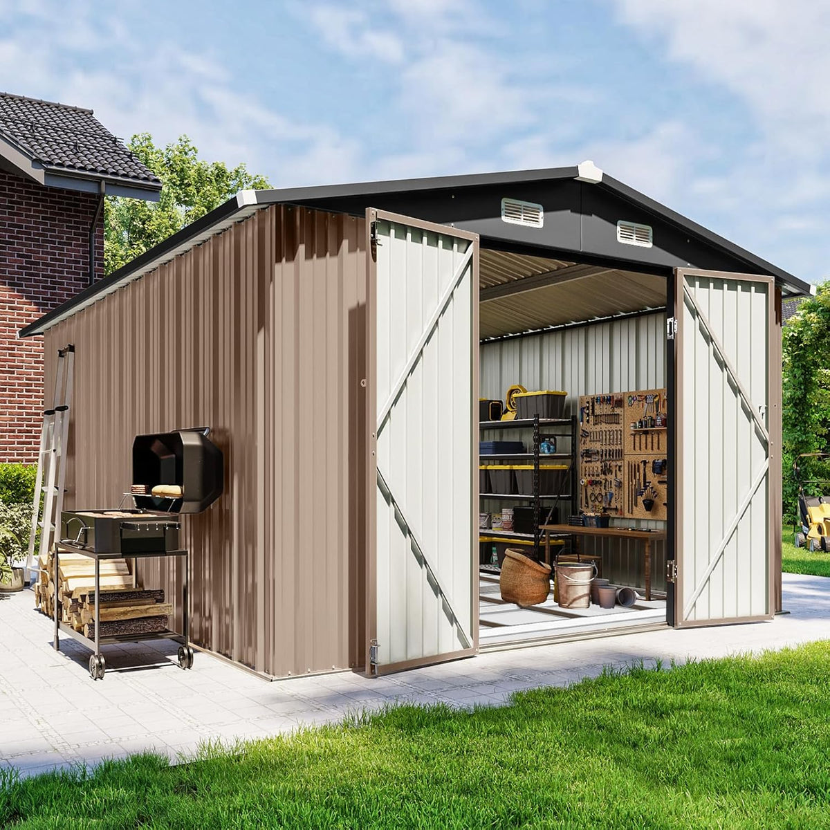 10x12 FT Outdoor Storage Shed with Floor Foundation & Lockable Double Doors, Heavy-Duty Galvanized Steel Outdoor Metal Shed for Bike, Tool Storage in