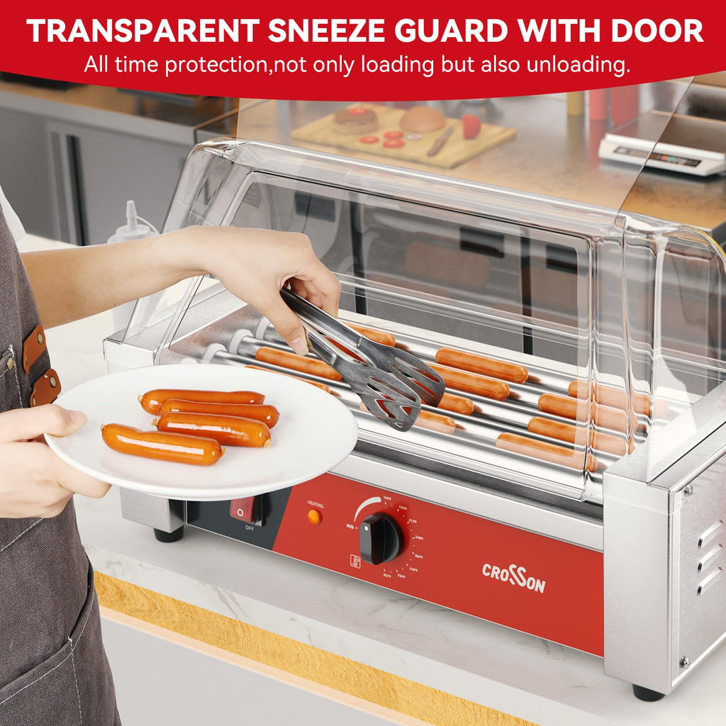 CROSSON 12 Hot Dog 5 Roller Grill Machine with Transparent Sneeze Guard,5 Nonstick 304SS Rollers Commercial Hot Dog Cooker Machine-120V, 750W