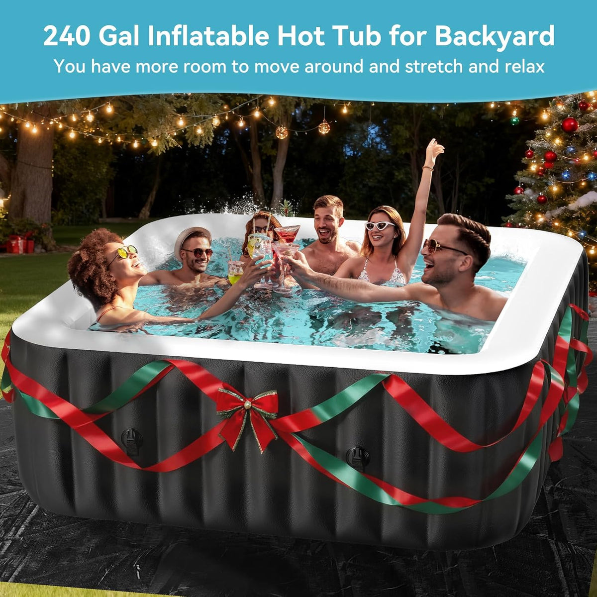 Blow Up Inflatable Hot Tub, 4-6 Person Large Square Portable Hot Tub, Leak-Proof PVC Outdoor Spa with 130 Air Jets, Heater Pump and Insulated Cover