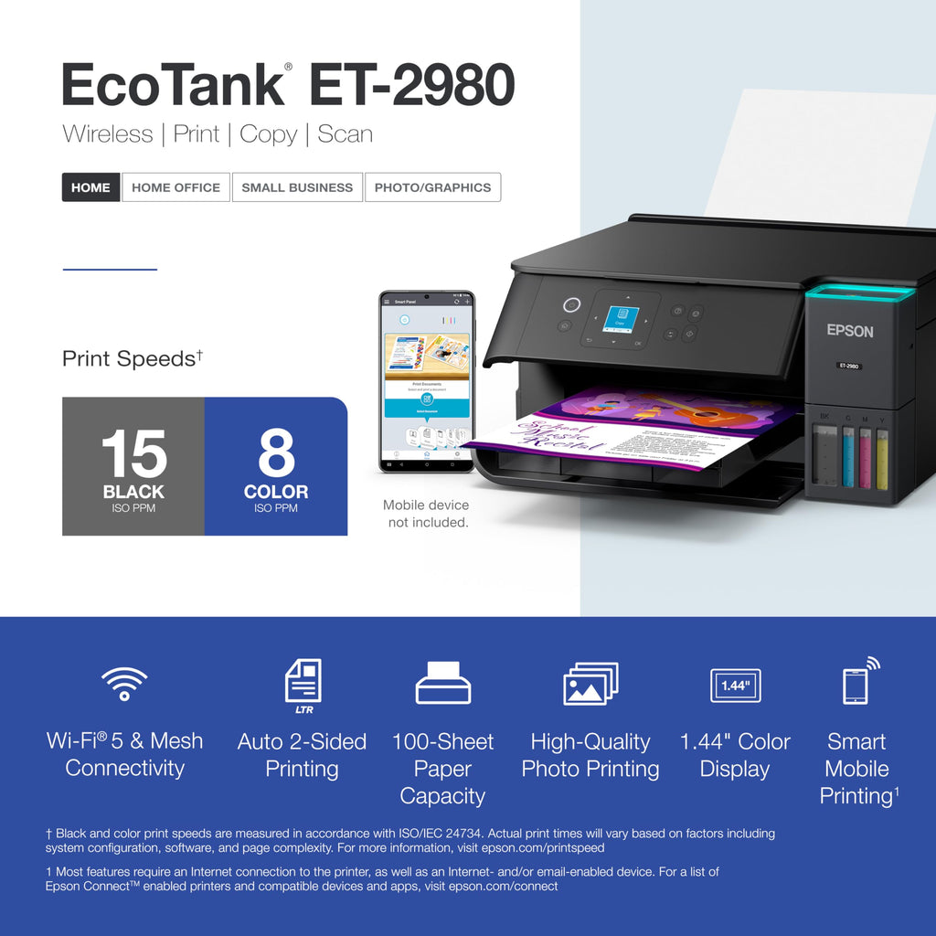 Epson EcoTank ET-2980 Wireless All-in-One Color Supertank Printer with up to 3 Years of Ink, Refillable Tanks, Perfect for Home, 15 PPM, 1.44" Color