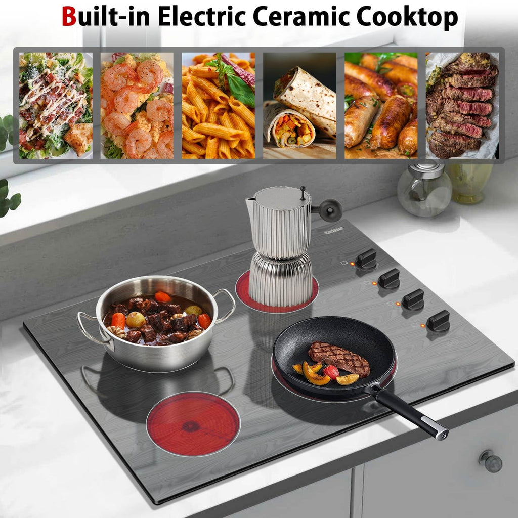 Karinear Electric Cooktop 24 Inch, 4 Burners Electric Stove Knob Control, Built-in Ceramic Cooktop with Beautiful Woodgrain Pattern Glass Surface