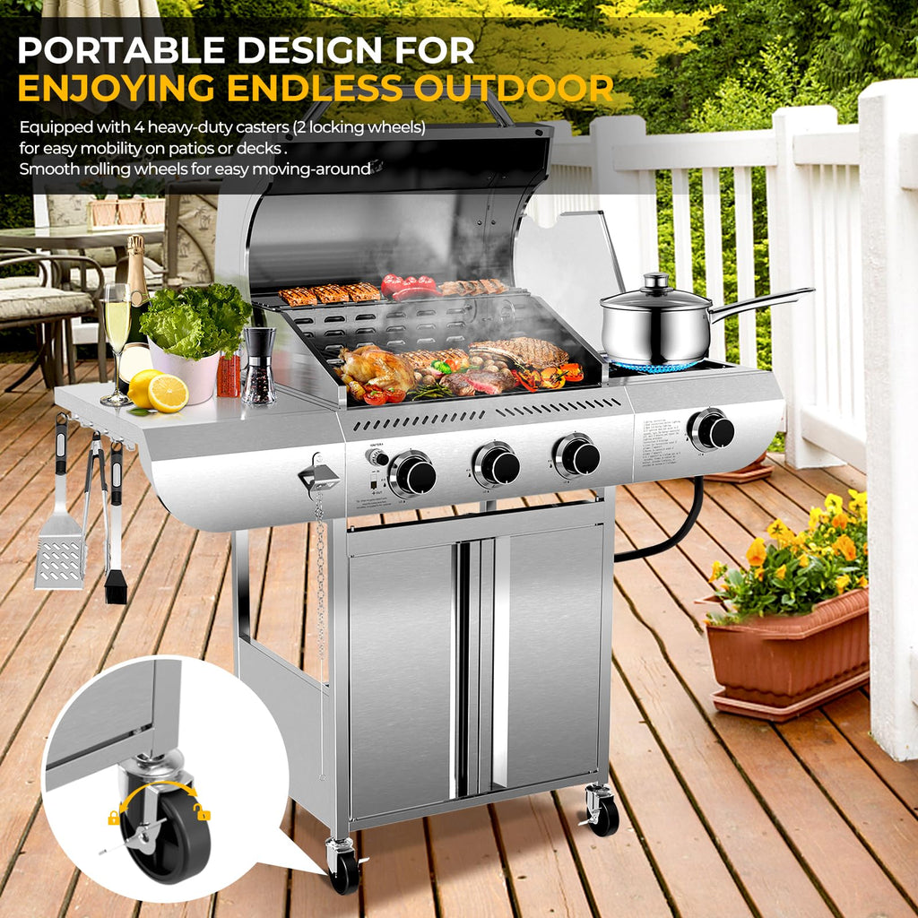 3-Burner Propane Gas Grill with Side Burner C 34,000 BTU Stainless Steel Outdoor BBQ Grill, Cast Iron Grates, Portable with Wheels for Patio, Camping