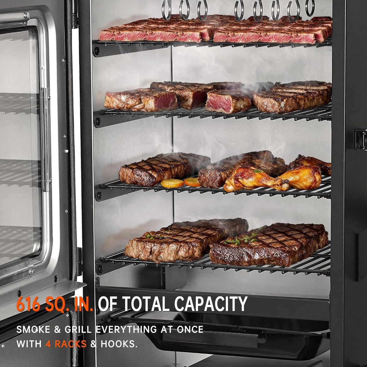 Vertical Pellet Smoker with Cover & Meat Probe, 4-Rack Electric BBQ Smoker Grill, 616 sq in Cooking Space, Digital LED Temperature Control for