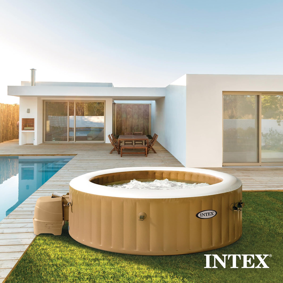 INTEX 28425EH PureSpa Bubble Massage Spa Set Outdoor Inflatable Portable Hot Tub, Includes Energy Efficient Spa Cover, Saltwater System Ready, 4