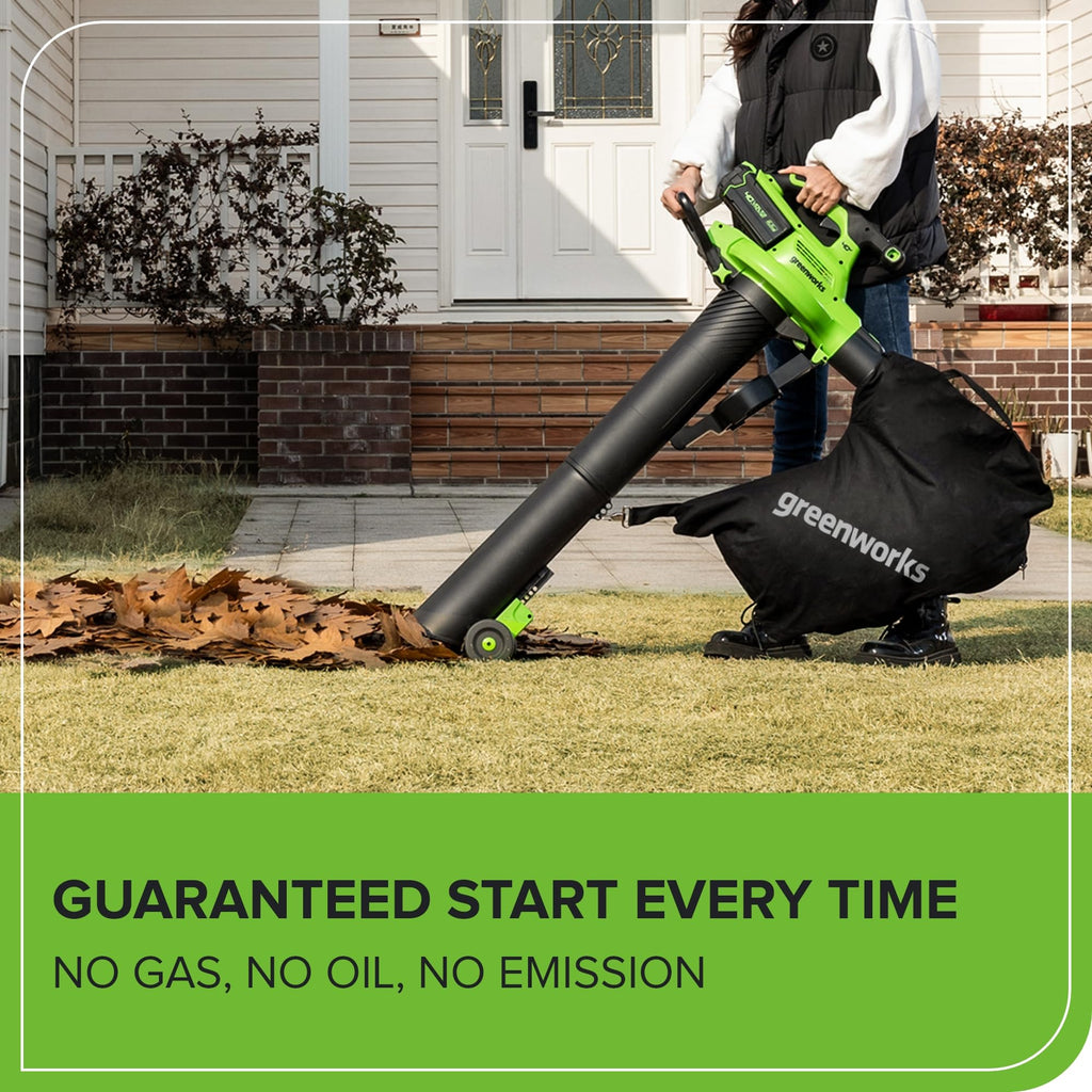 Greenworks 40V (230 MPH / 505 CFM) Cordless Brushless Leaf Blower/Vacuum with Bag, High Power, Lightweight & Quiet for Yard Debris Cleanup, Includes