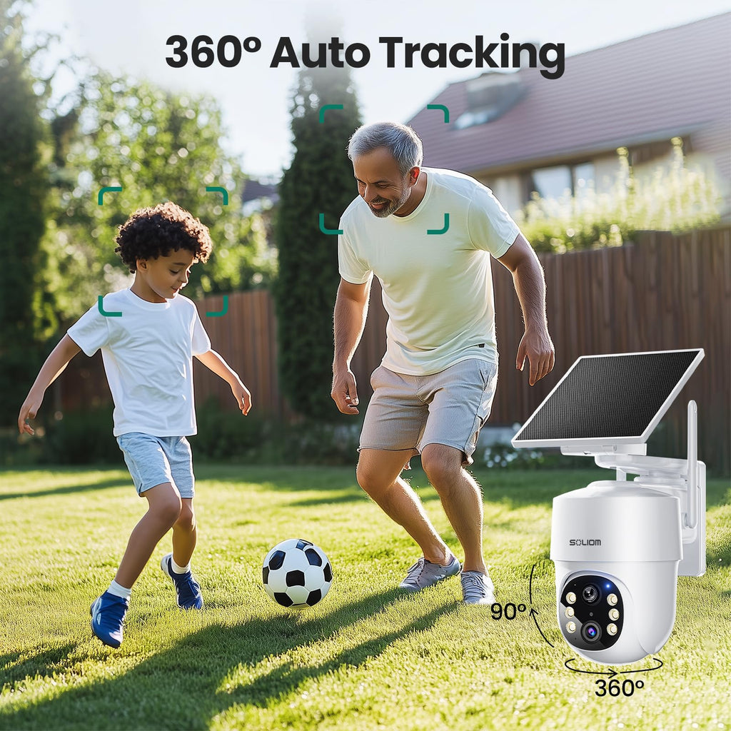 SOLIOM- 5MP Security Cameras Wireless Outdoor, No Subscription,4-Cam Pack, Solar Powered Home Security Camera with 360 Auto Tracking, Pan & Tilt, 3K