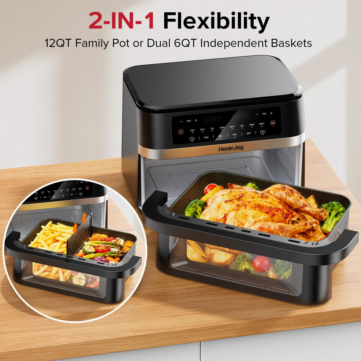 12QT Large Dual Basket Air Fryer with Viewing Window and 50pcs Paper Liners, 10-in-1 Digital Touchscreen Double Zone Air Fryers, SyncCook to Bake