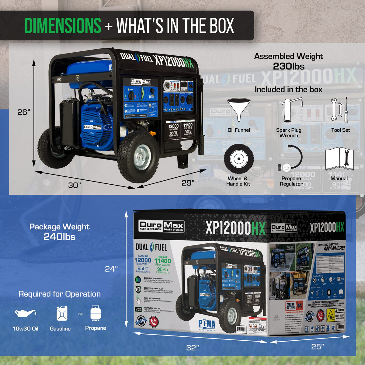 DuroMax XP13000HX 13,000-Watt Dual Fuel Portable Generator - Gas & Propane, Electric Start, Whole Home Power Backup, Transfer Switch Ready, RV &
