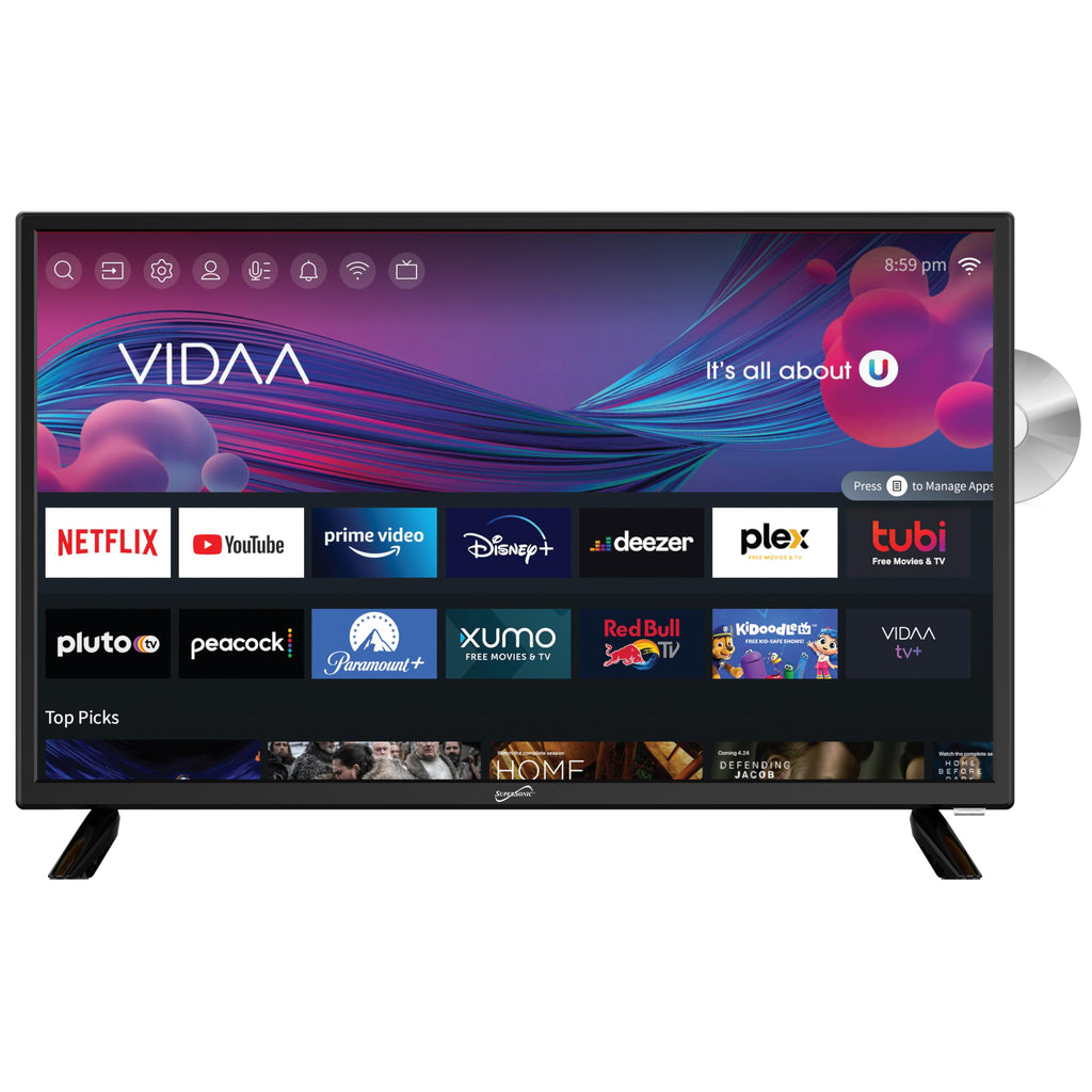 Supersonic SC-1926DVD 19-inch LED Smart HDTV w/DVD Player, 3X HDMI, 1080p, WiFi, USB, AC/DC Compatible for Home, Kitchen, or RV Camper, DC Car Cord
