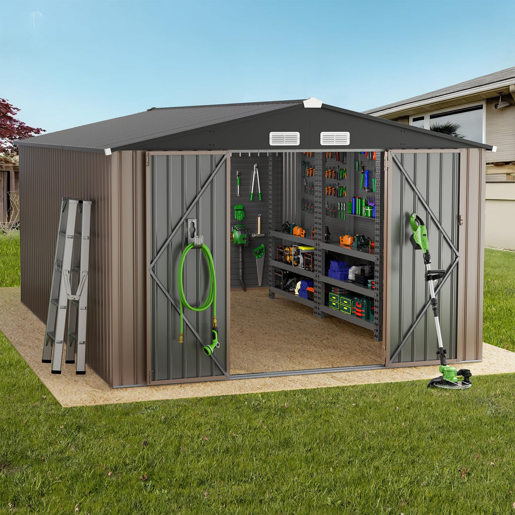 GVDV 10x14 FT Outdoor Metal Storage Shed, Durable Garden Shed with Updated Frame Structure for Backyard, Patio, Tool Storage, All-Weather Shelter for