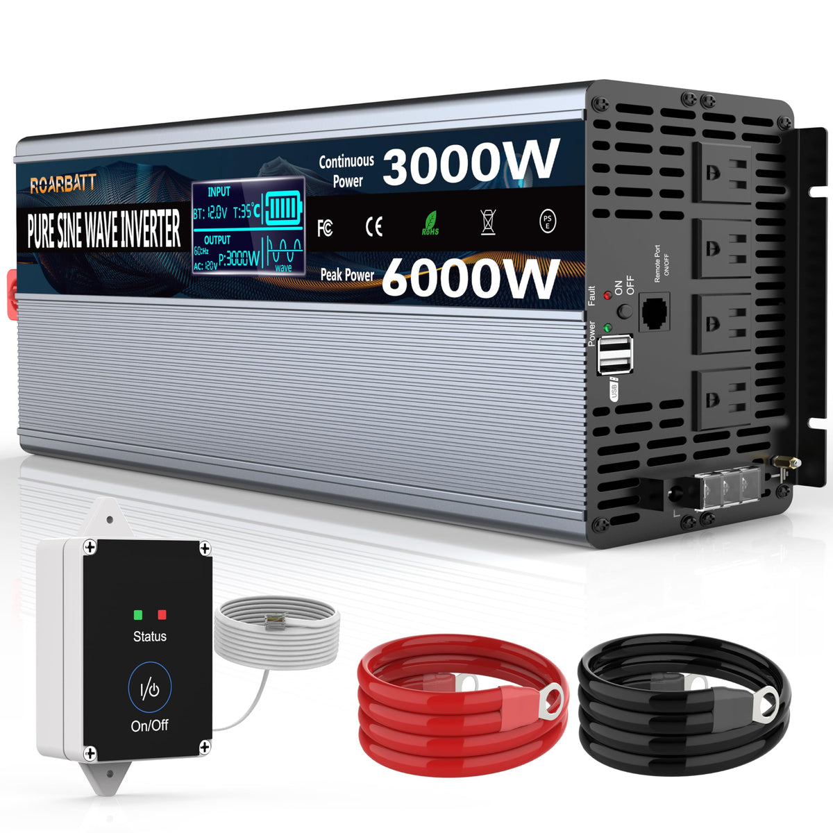Pure Sine Wave Power Inverter, 3000W 12V DC to 110V/120V AC, Peak 6000W - Remote Control, 4 AC Outlets, Dual USB, LED Display, Terminal Blocks for