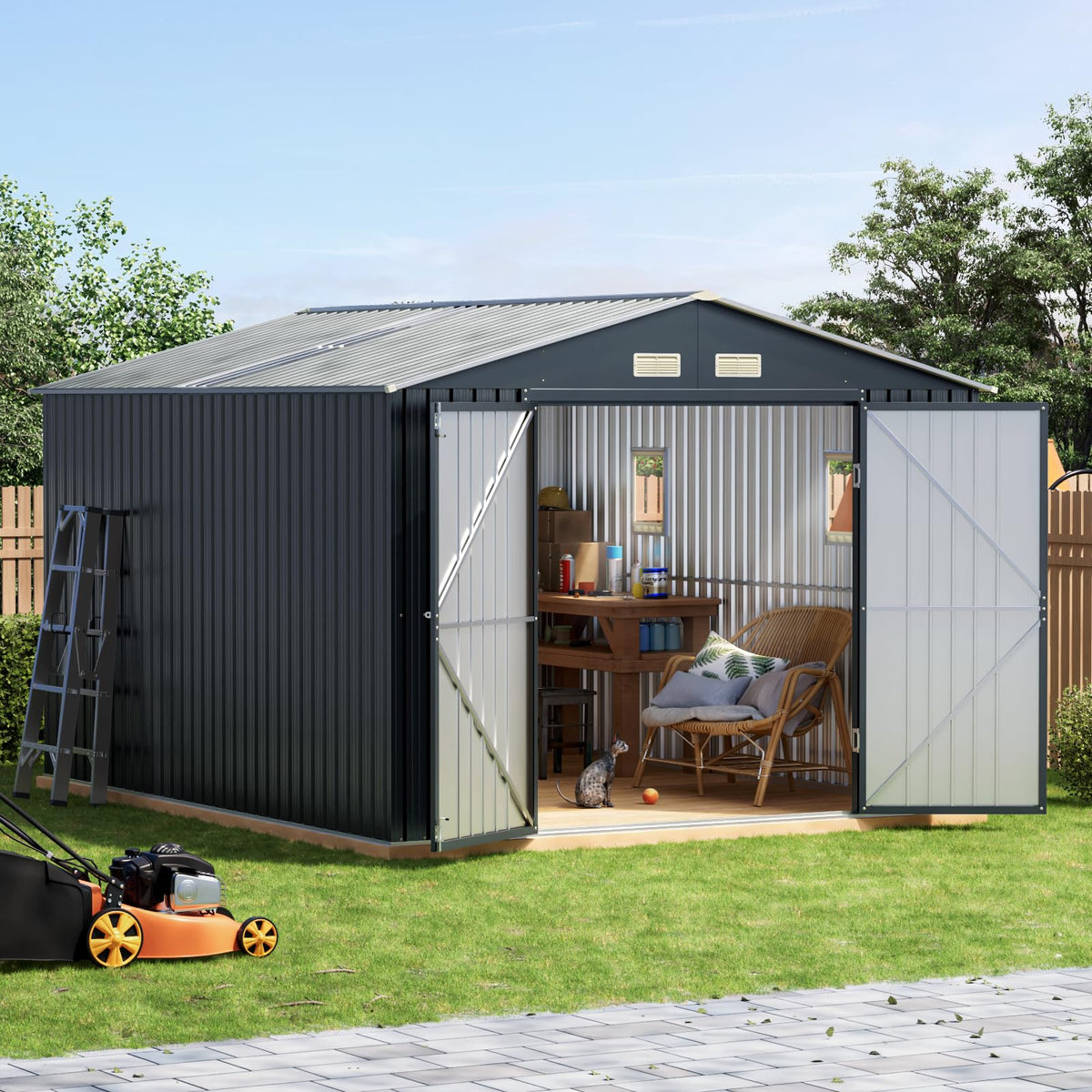 10x10 FT Outdoor Metal Storage Shed, Double Swing Doors, 2 Clear Windows,Tool Shed for Garden, Patio, Backyard Nightblue