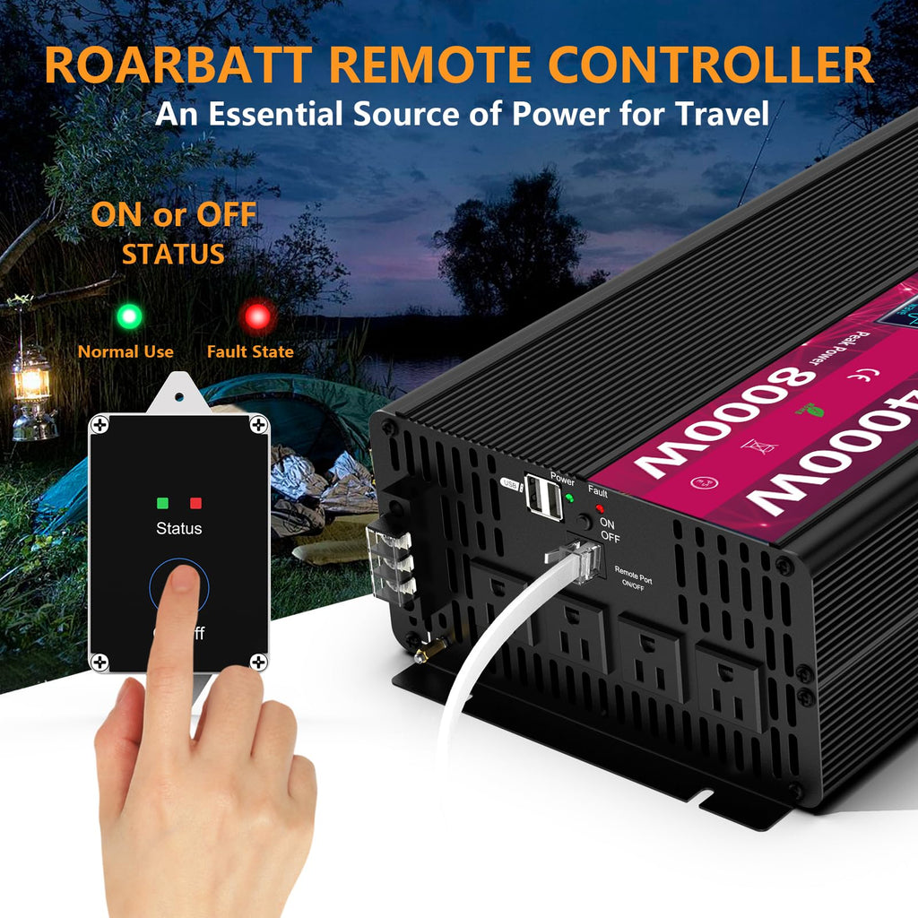 Pure Sine Wave Power Inverter, 3000W 12V DC to 110V/120V AC, Peak 6000W - Remote Control, 4 AC Outlets, Dual USB, LED Display, Terminal Blocks for
