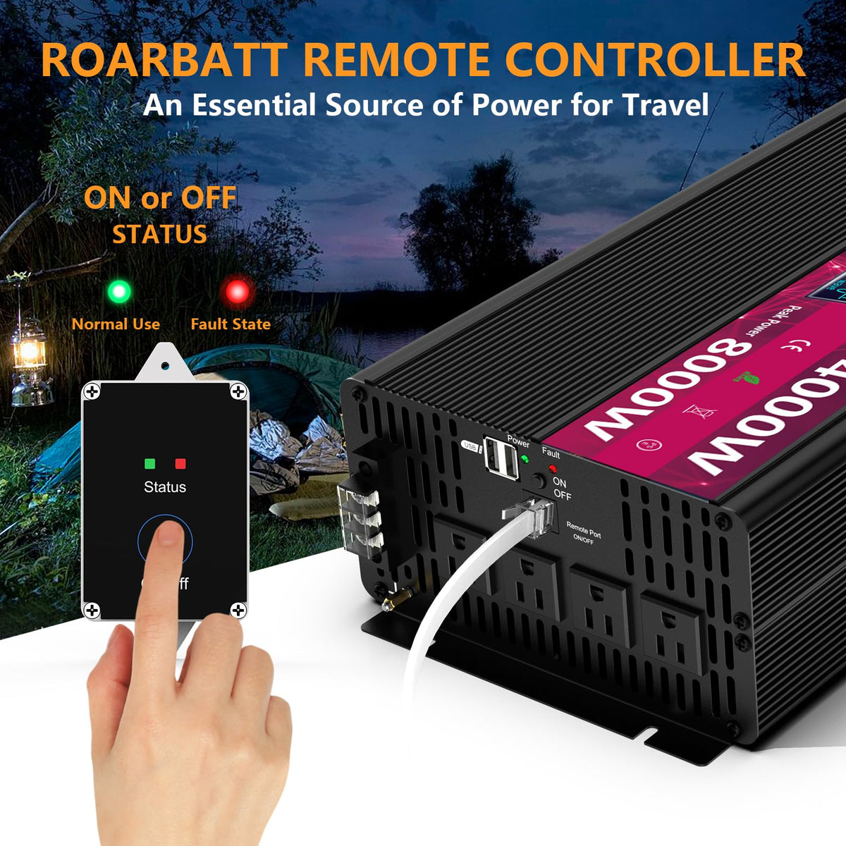 Pure Sine Wave Power Inverter, 3000W 12V DC to 110V/120V AC, Peak 6000W - Remote Control, 4 AC Outlets, Dual USB, LED Display, Terminal Blocks for