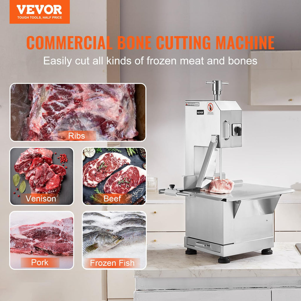 Commercial Electric Meat Bandsaw, 1500W Stainless Steel Countertop Bone Sawing Machine, Workbeach 19.3" x 15", 0.16-7.9 Inch Cutting Thickness