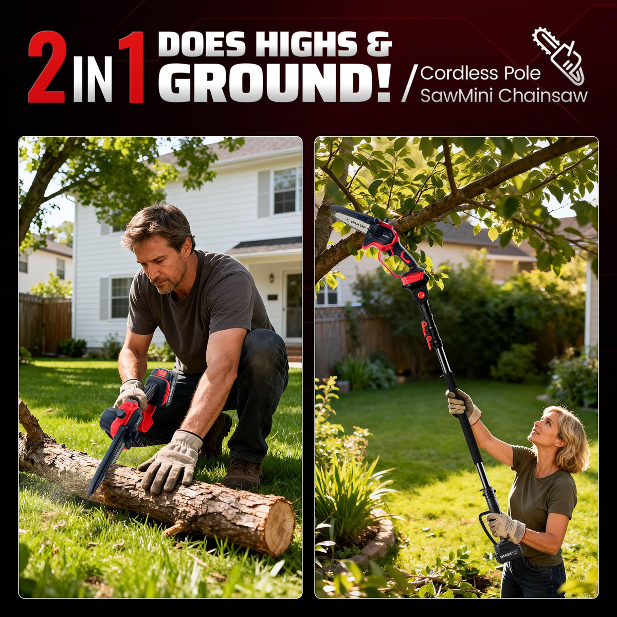 2-in-1 Cordless Pole Saw & 8'' Mini Chainsaw,Forest Ranger Approved Electric Handheld Chain Saw with 2 21V 4.0Ah Rechargeable Batterie&Charger, Auto
