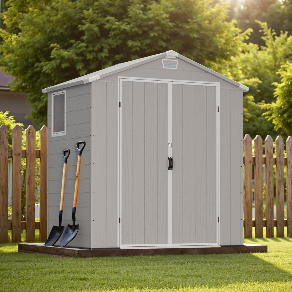 Greesum 6x4FT Plastic Outdoor Storage Shed with Floor, Resin Sheds with Lockable Double Door, All-Weather Tool Sheds with Window and Vents, for