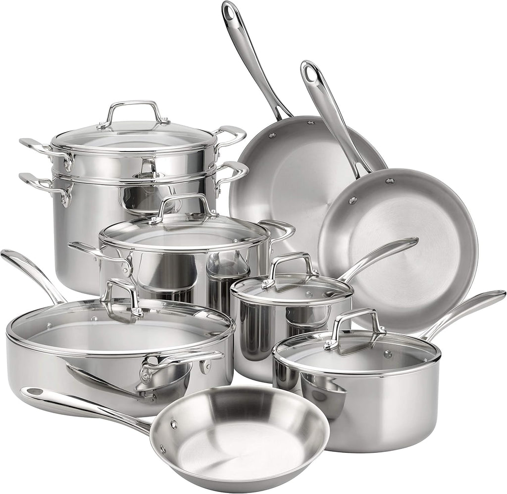 Tramontina Tri-Ply Clad Stainless Steel 14-Piece Cookware Set with Glass Lids, Pots and Pans Kitchen Set, Induction-Ready, Dishwasher-Safe, NSF