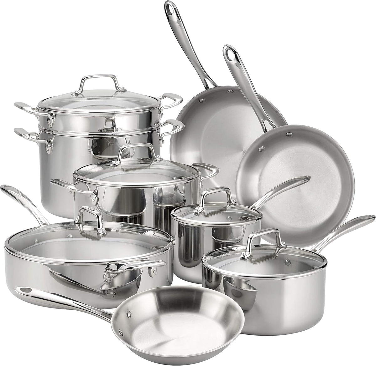 Tramontina Tri-Ply Clad Stainless Steel 14-Piece Cookware Set with Glass Lids, Pots and Pans Kitchen Set, Induction-Ready, Dishwasher-Safe, NSF