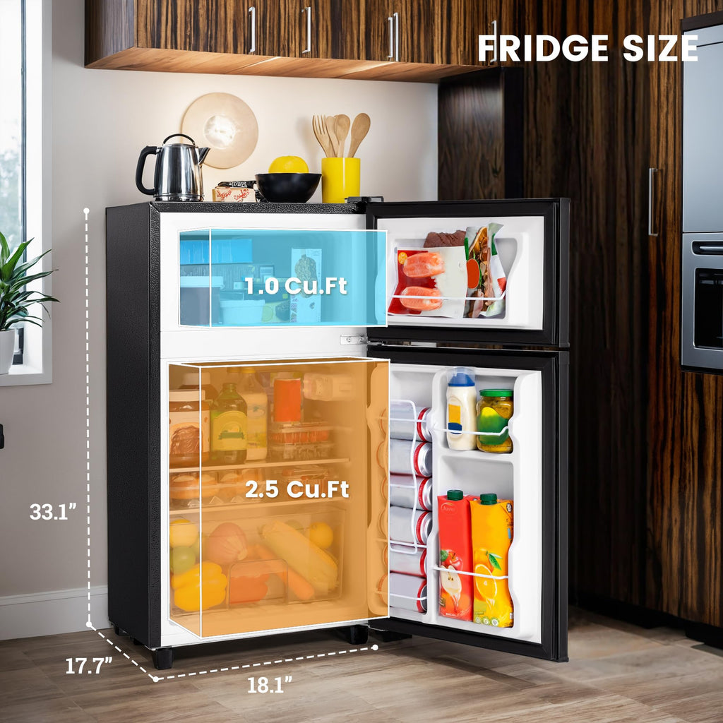 Manastin 3.5 Cu.Ft 2 Door Mini Fridge with Freezer, Small Refrigerator, 7 Level Adjustable Thermostat, Compact Fridge for Living Room, Dorm, Office