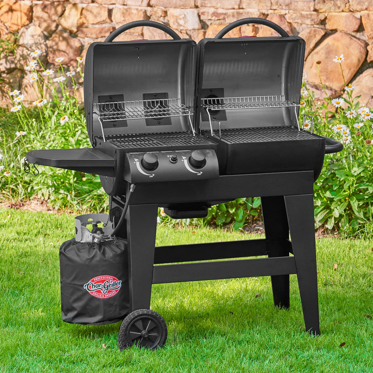 Char-Griller® Dual-Function 2-Burner 24,000 BTU Propane Gas and Charcoal Combination Grill and Smoker with 870 Cooking Square Inches in Black