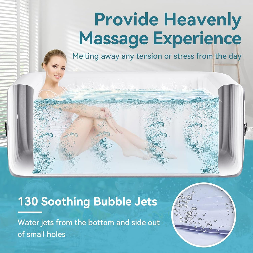Blow Up Inflatable Hot Tub, 4-6 Person Large Square Portable Hot Tub, Leak-Proof PVC Outdoor Spa with 130 Air Jets, Heater Pump and Insulated Cover