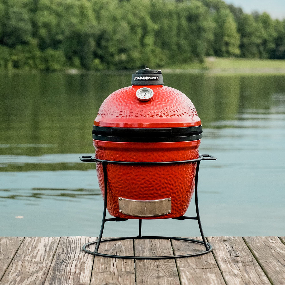 Kamado Joe Joe Jr 13.5-inch Portable Ceramic Charcoal Grill with Grill Stand, Stainless Steel Cooking Grate, Heat Deflectors and Ash Tool in Red