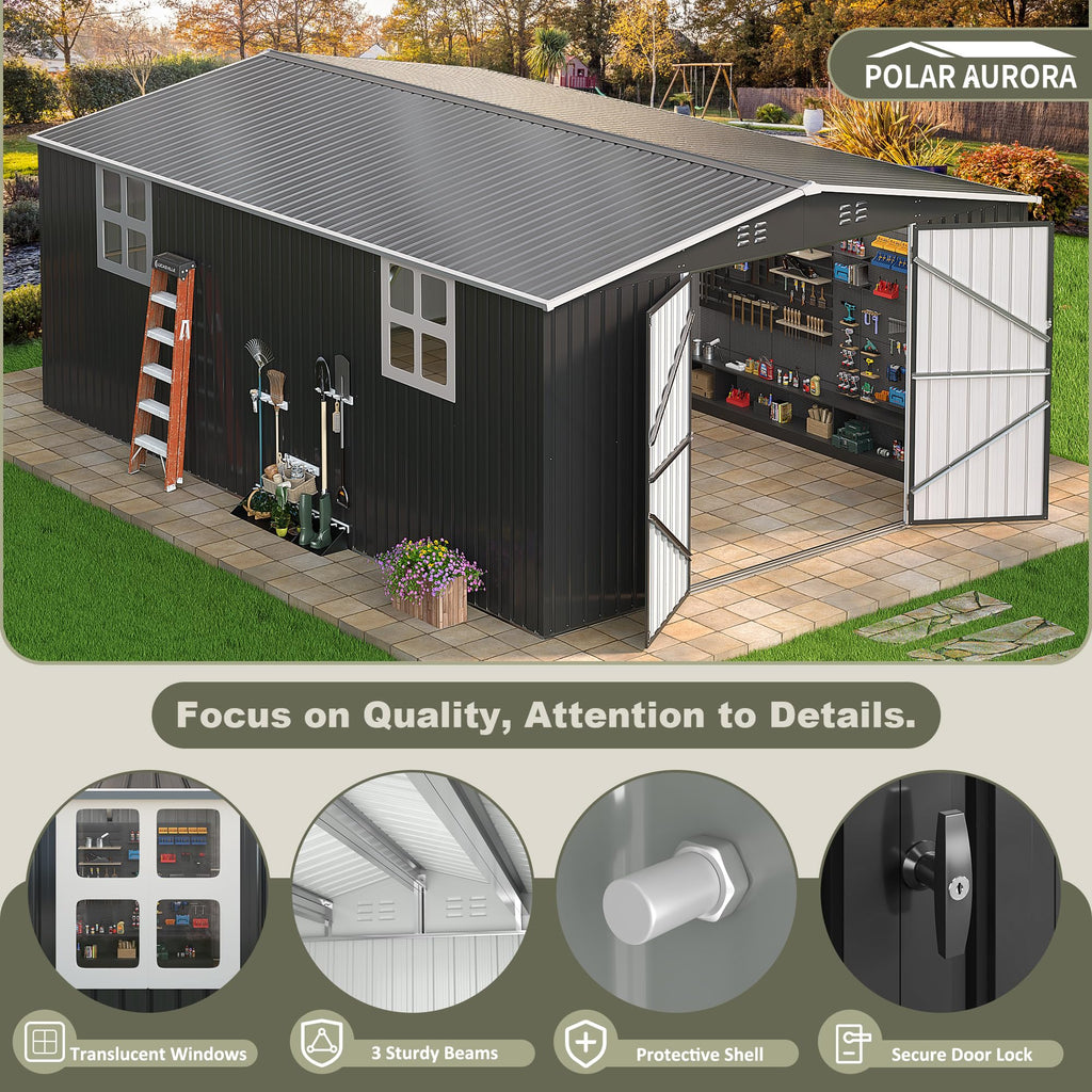 Polar Aurora 12x14 FT Outdoor Storage Shed, Garden Shed with Updated Frame Structure and Lockable Doors, Metal Tool Sheds for Backyard Garden Patio