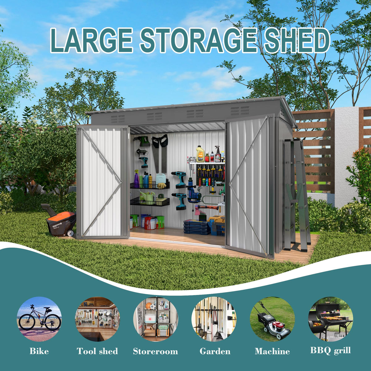 4 * 9.2 FT Outdoor Storage Shed, Galvanized Steel Garden Shed with Lockable Door & Window, Waterproof Metal Tool Storage for Garden, Backyard, Patio