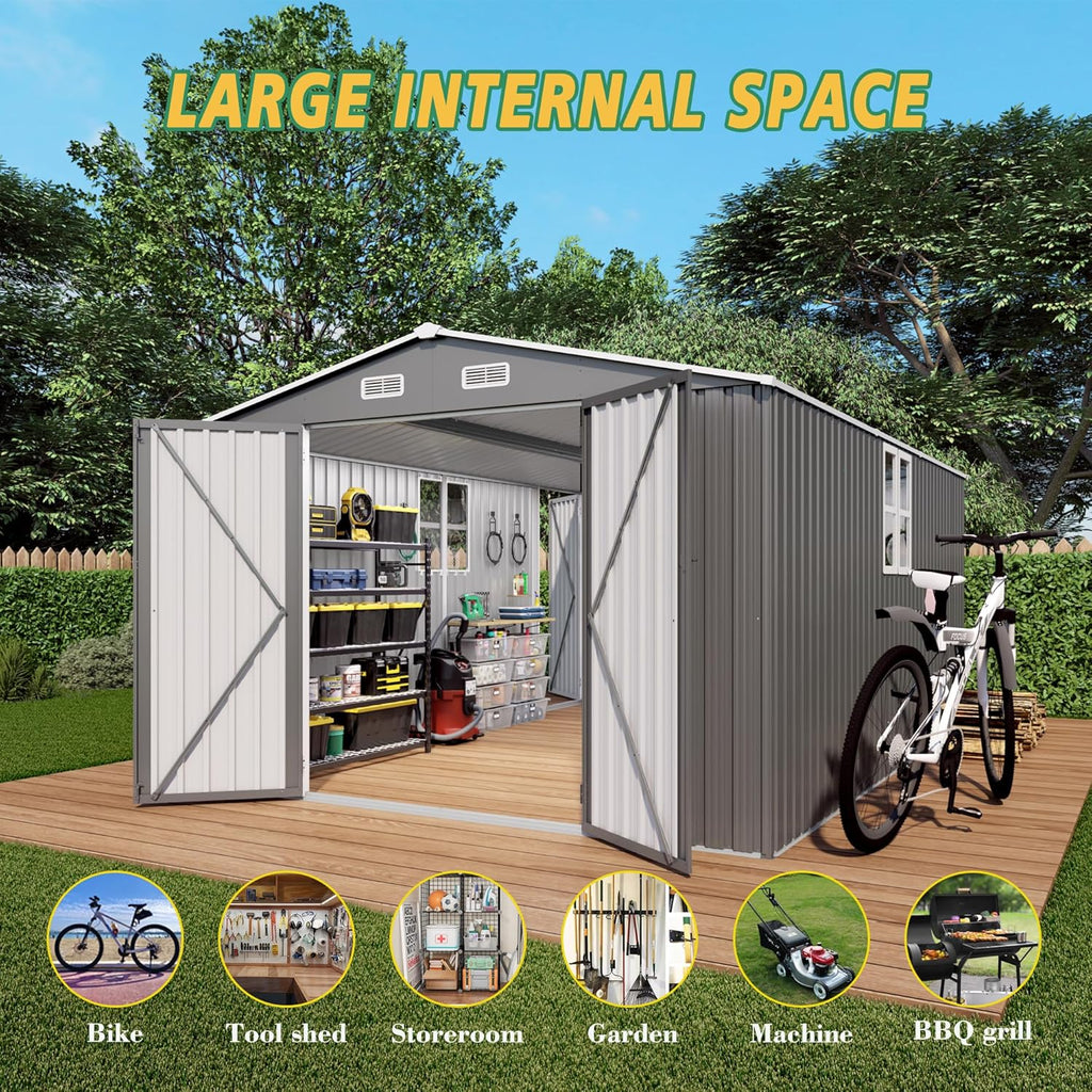 10x14x6.7FT Outdoor Storage Shed, Galvanized Steel Garden Shed with Lockable Door & Window, Waterproof Metal Tool Storage for Garden, Backyard, Patio
